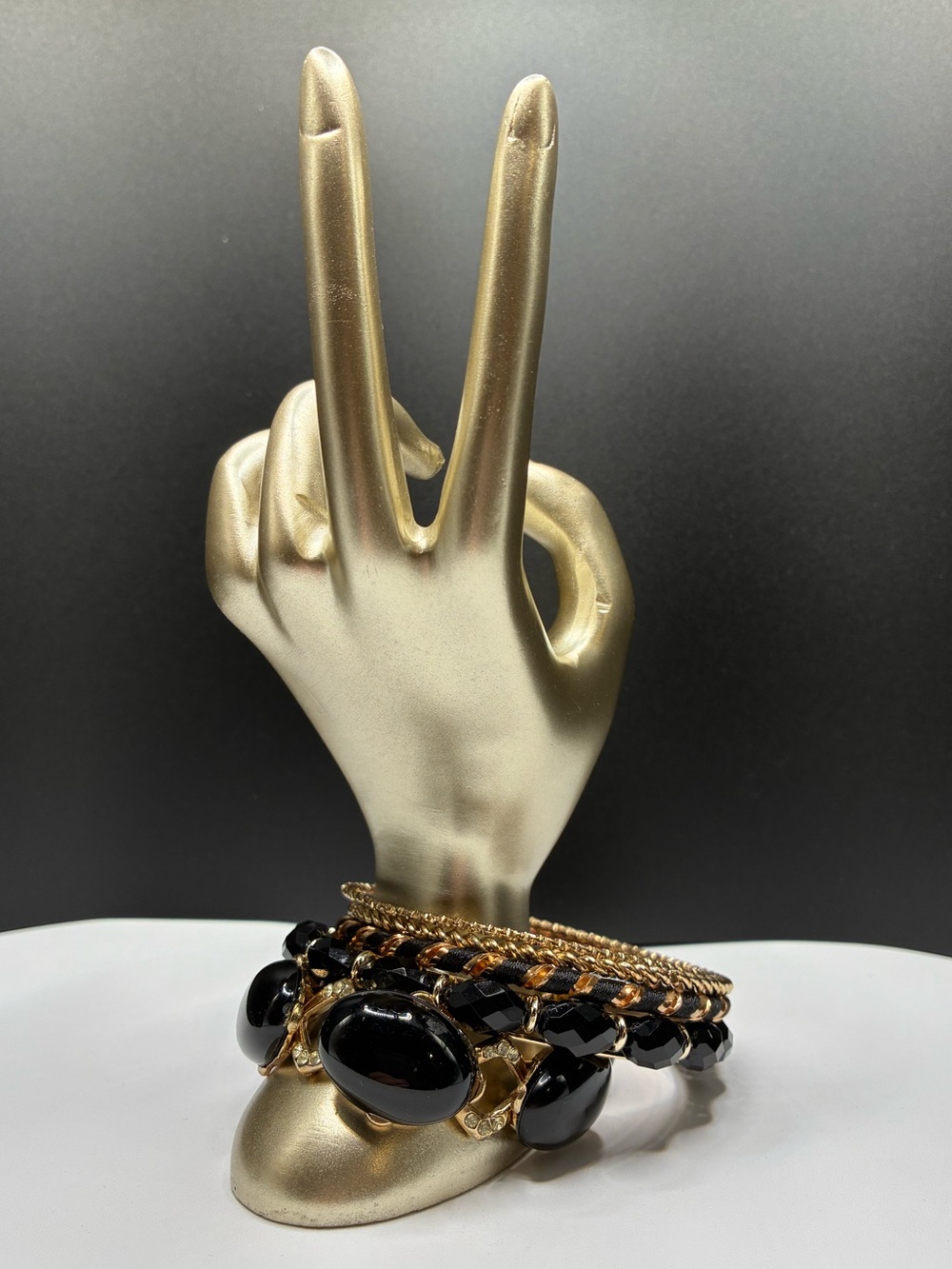 Vintage Mix Set Of Five Gold/Black Bangles One Stretch.